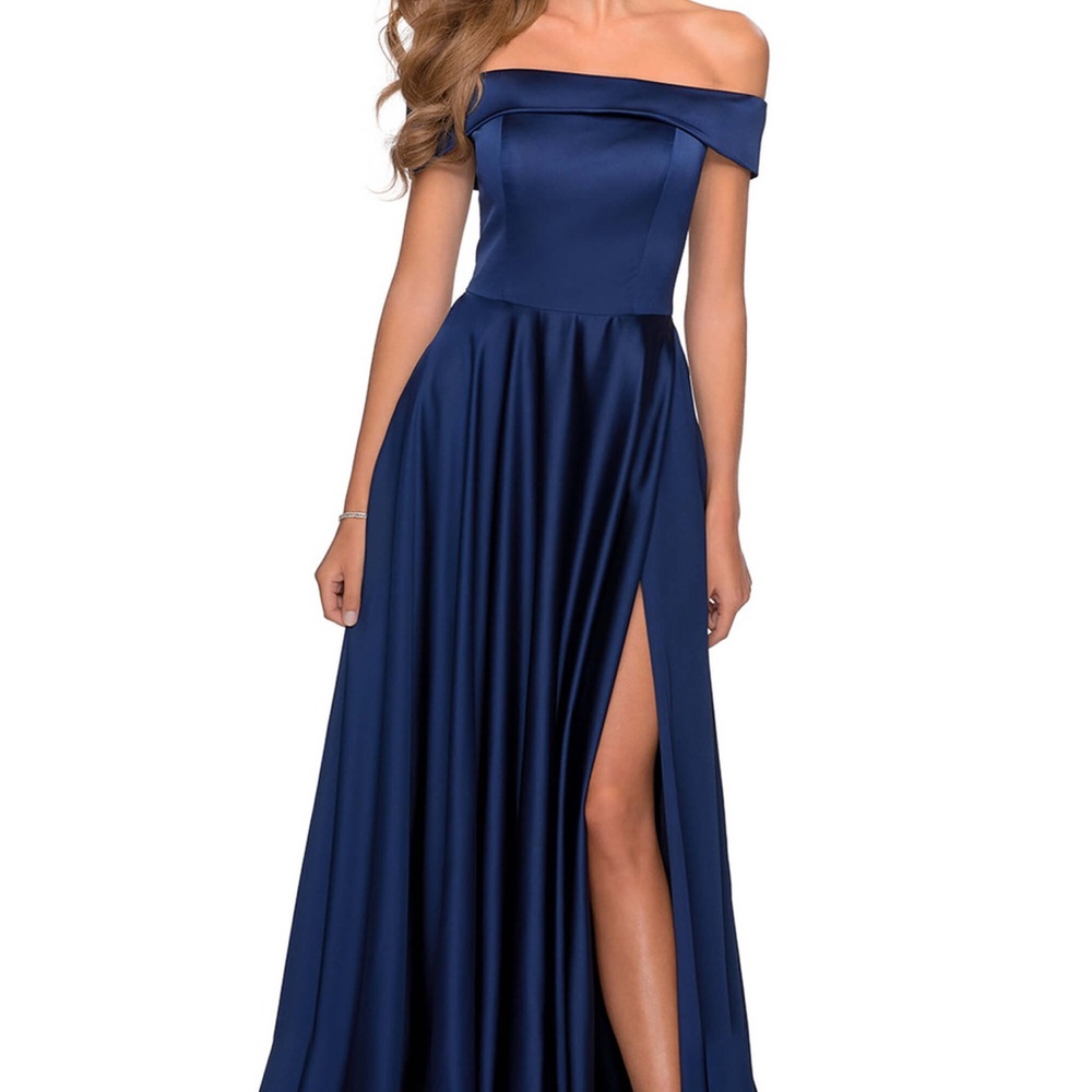 La Femme Elegant Off-Shoulder Navy Blue Evening Gown
